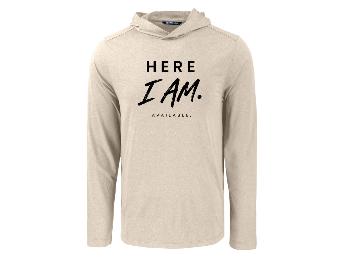 Follower Of One Cutter & Buck Coastline hoodie printed with Here I am. Available.